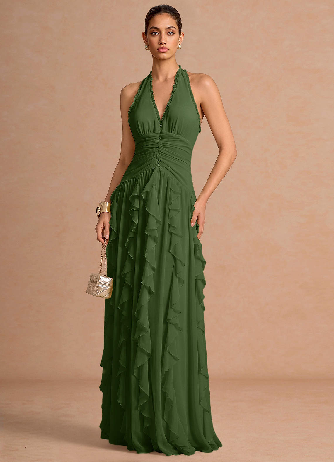 Sylvie A-Line V-Neck Chiffon Evening Dress in Olive