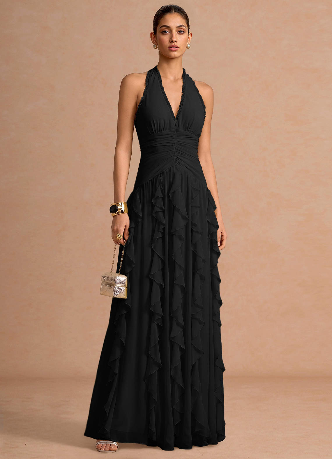 Sylvie A-Line V-Neck Chiffon Evening Dress in black