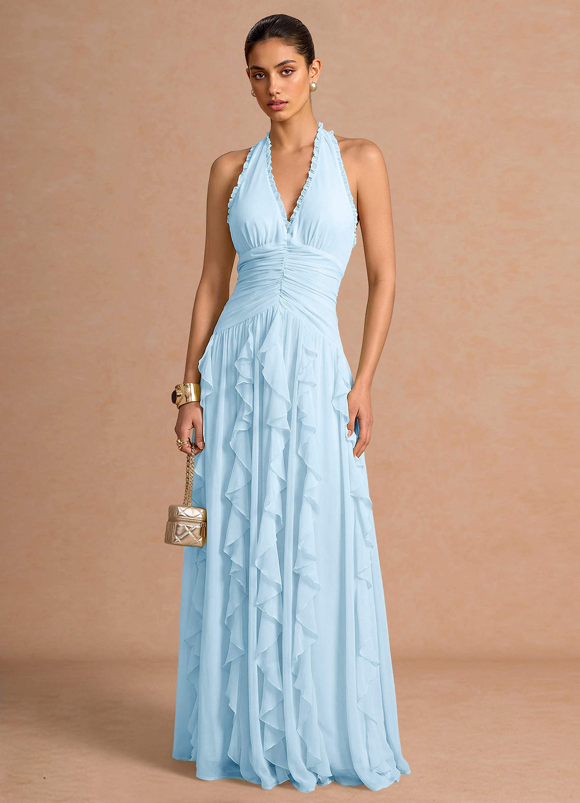 Sylvie A-Line V-Neck Chiffon Evening Dress in Sky Blue