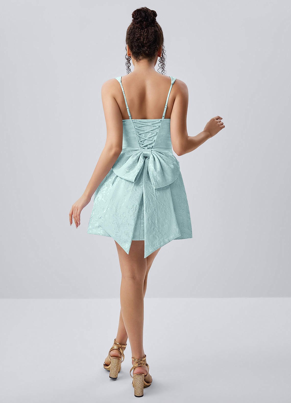 Thalassiana A-Line Square-Neck Floral Jacquard Prom Dress in Mint Green