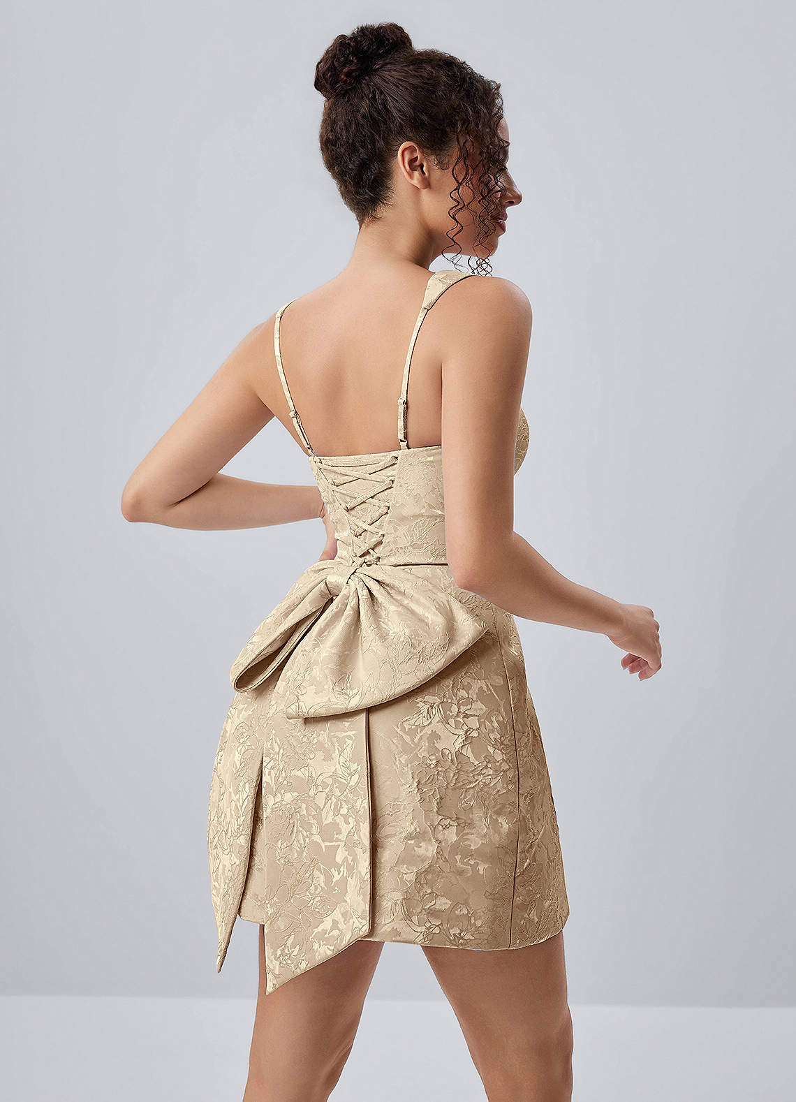 Thalassiana A-Line Square-Neck Floral Jacquard Prom Dress in Champagne