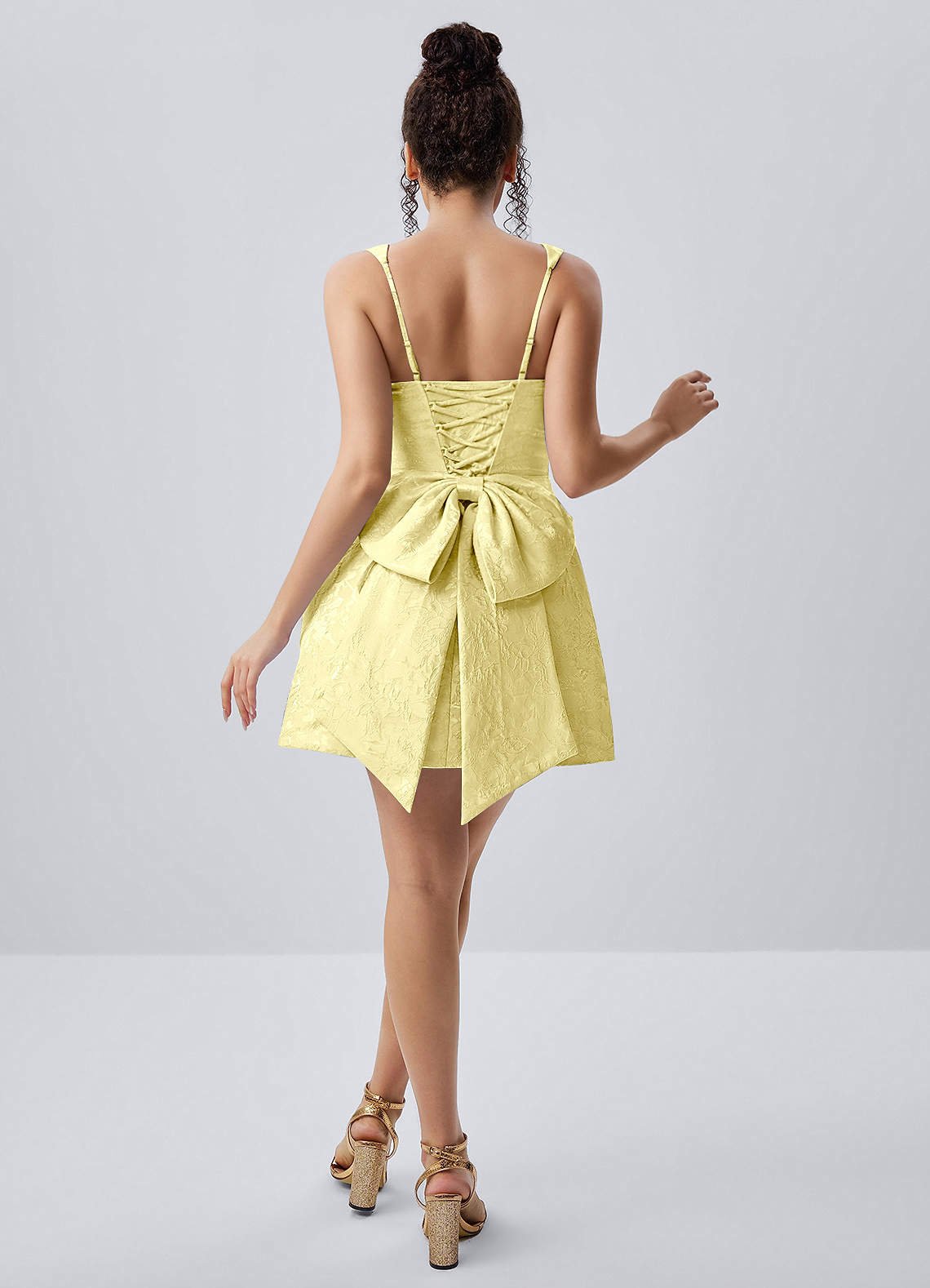 Thalassiana A-Line Square-Neck Floral Jacquard Prom Dress in Yellow