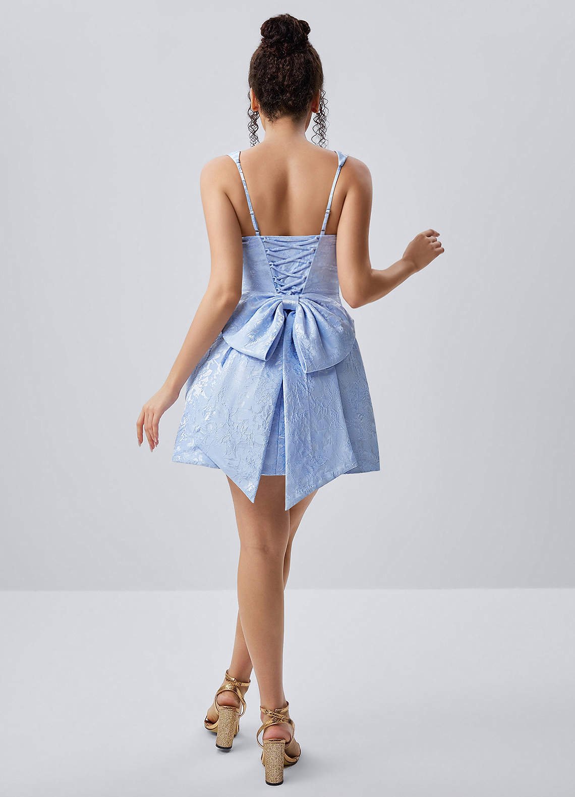 Thalassiana A-Line Square-Neck Floral Jacquard Prom Dress in Sky Blue