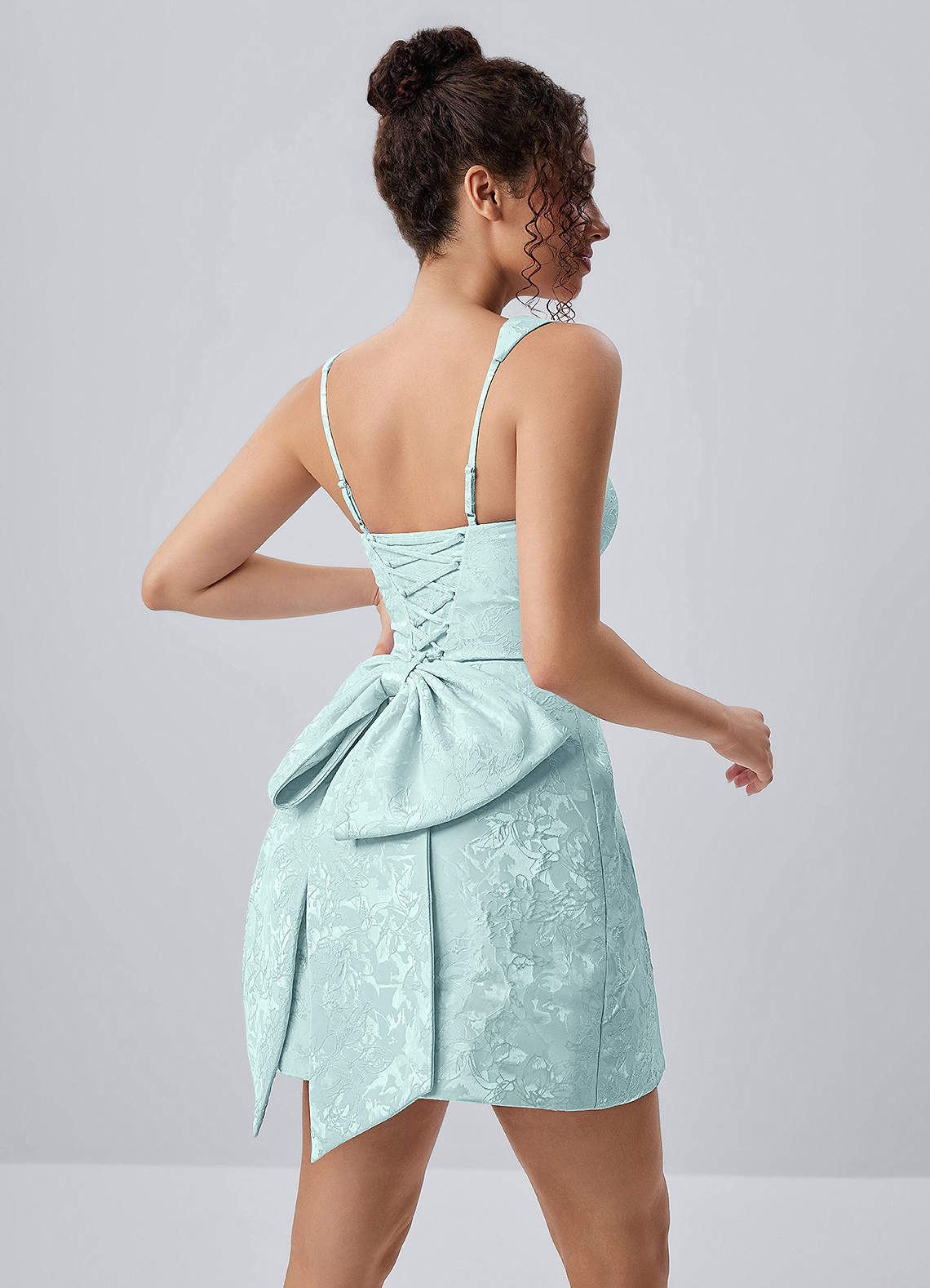 Thalassiana A-Line Square-Neck Floral Jacquard Prom Dress in Mint Green