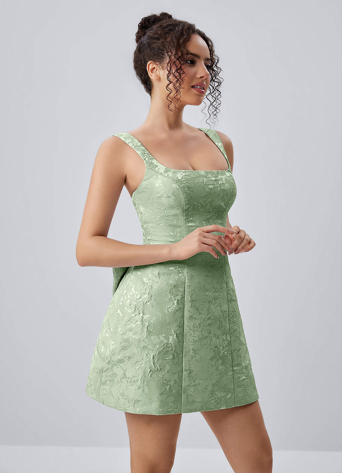 Thalassiana A-Line Square-Neck Floral Jacquard Prom Dress in Sage