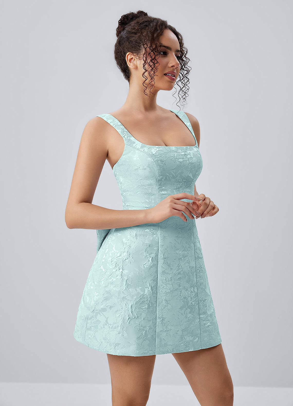 Thalassiana A-Line Square-Neck Floral Jacquard Prom Dress in Mint Green