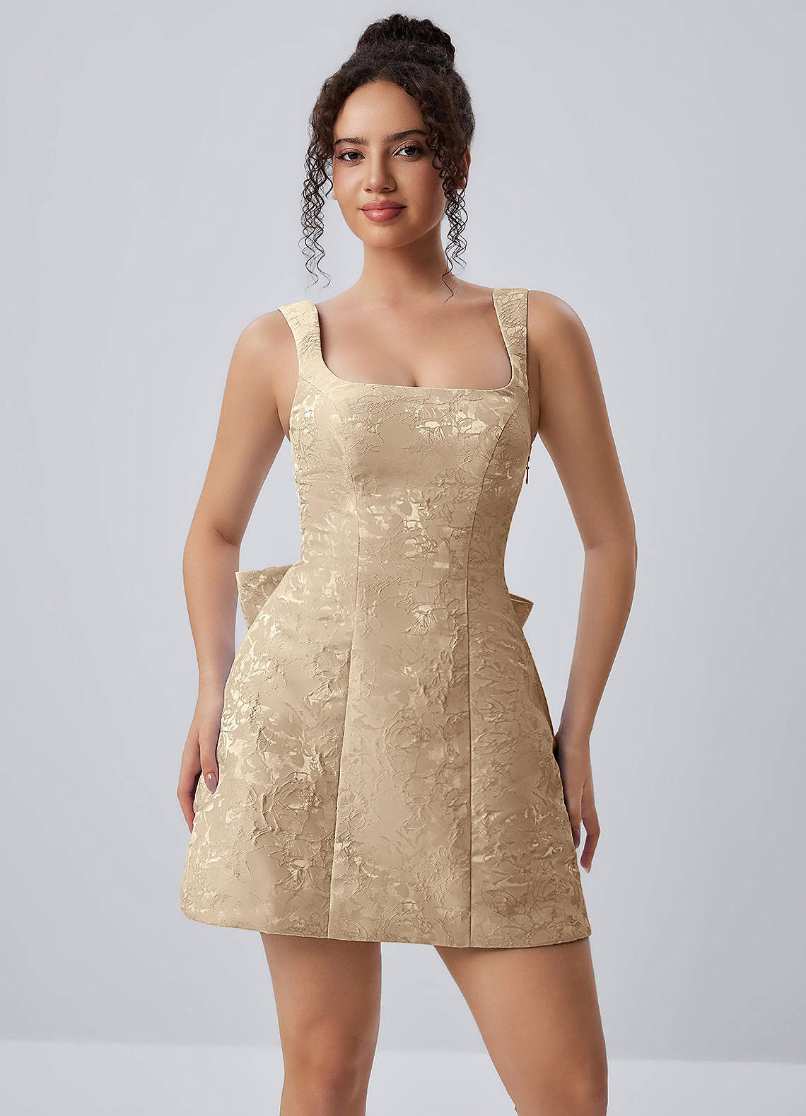 Thalassiana A-Line Square-Neck Floral Jacquard Prom Dress in Sage