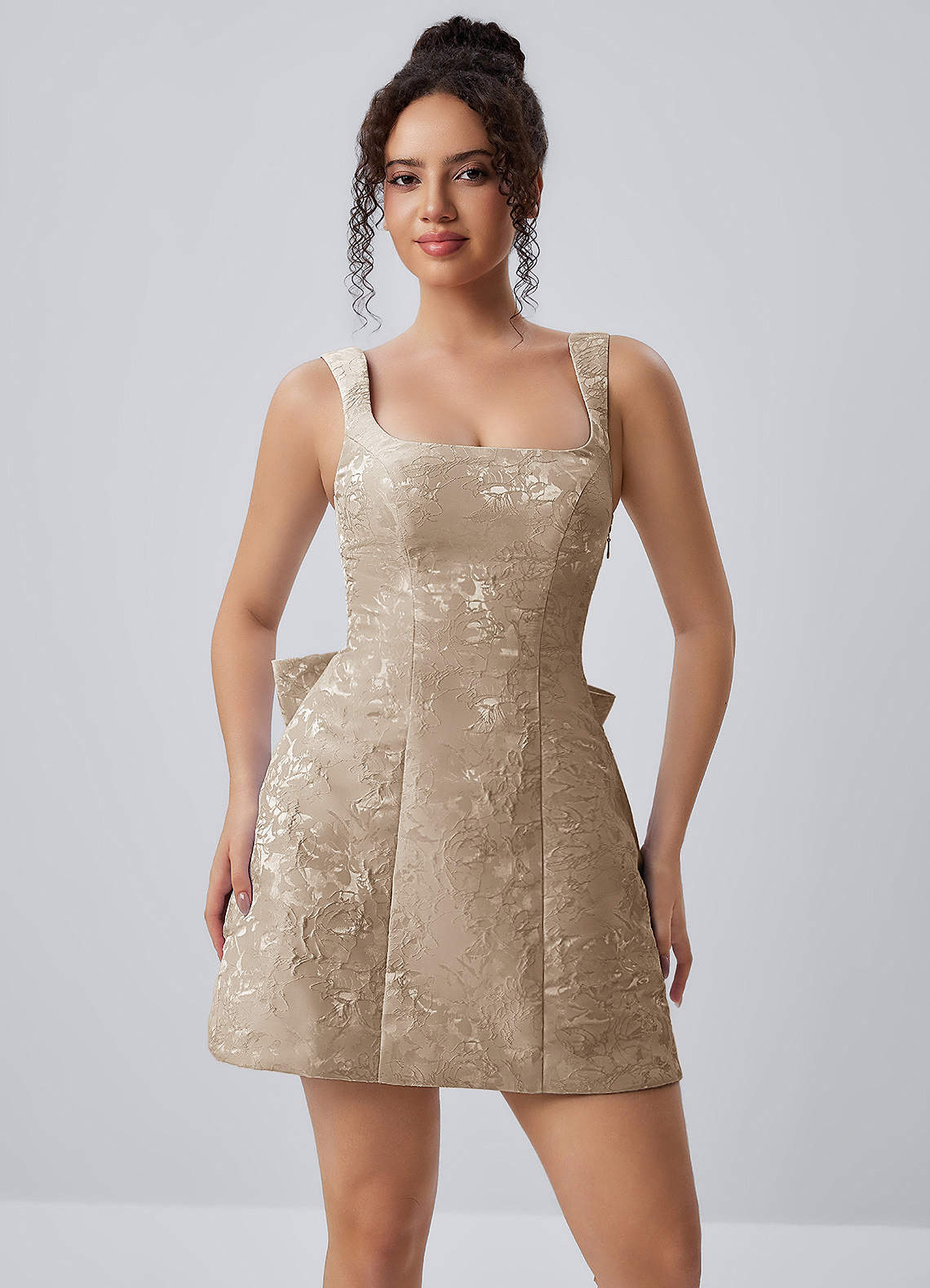 Thalassiana A-Line Square-Neck Floral Jacquard Prom Dress in Sage