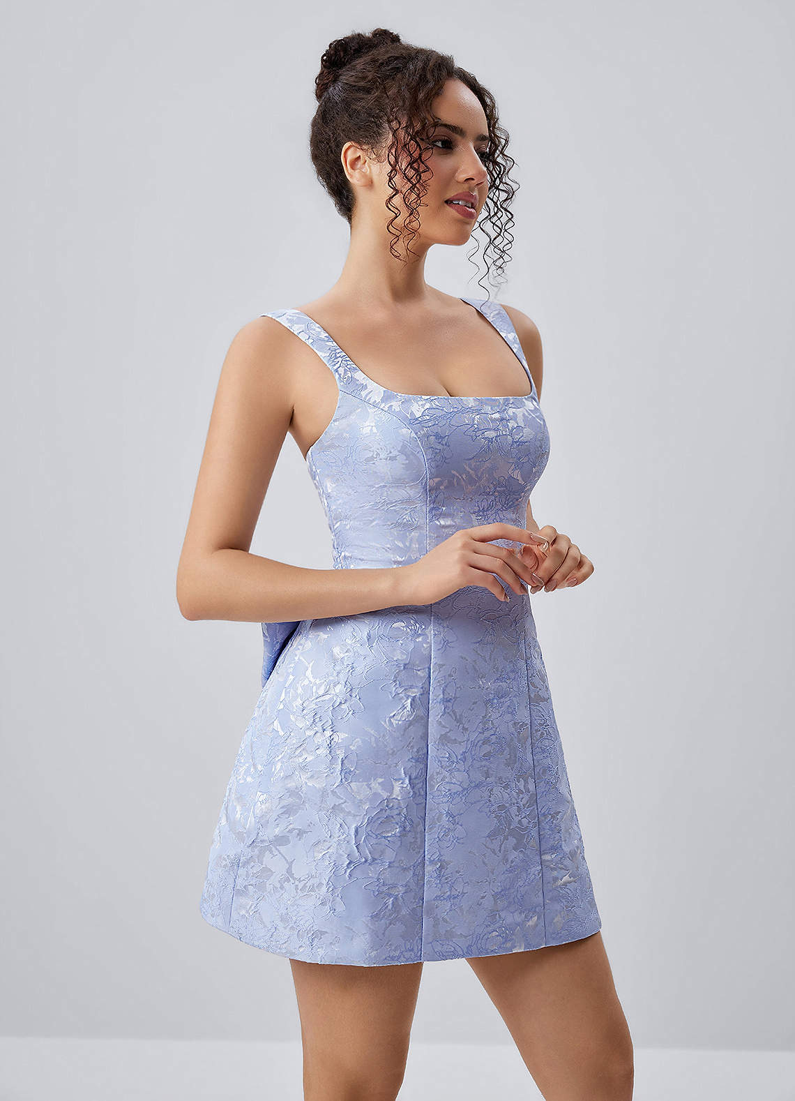Thalassiana A-Line Square-Neck Floral Jacquard Prom Dress in Periwinkle
