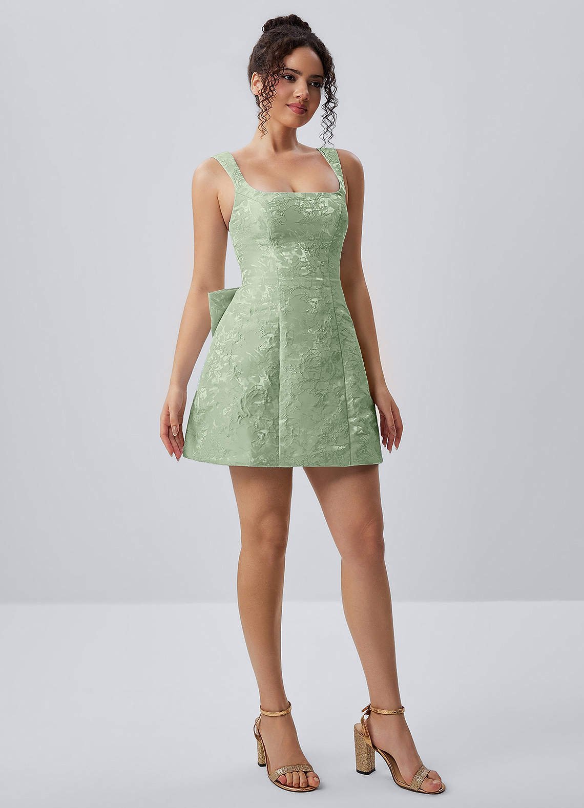 Thalassiana A-Line Square-Neck Floral Jacquard Prom Dress in Sage