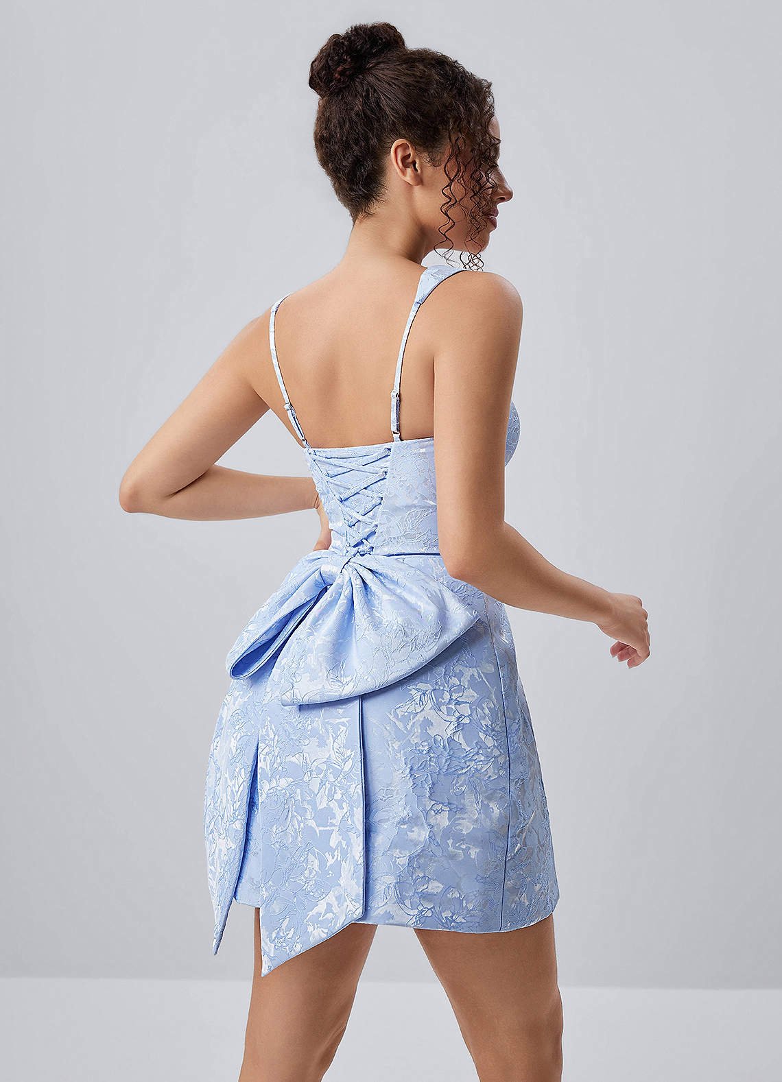Thalassiana A-Line Square-Neck Floral Jacquard Prom Dress in Sky Blue