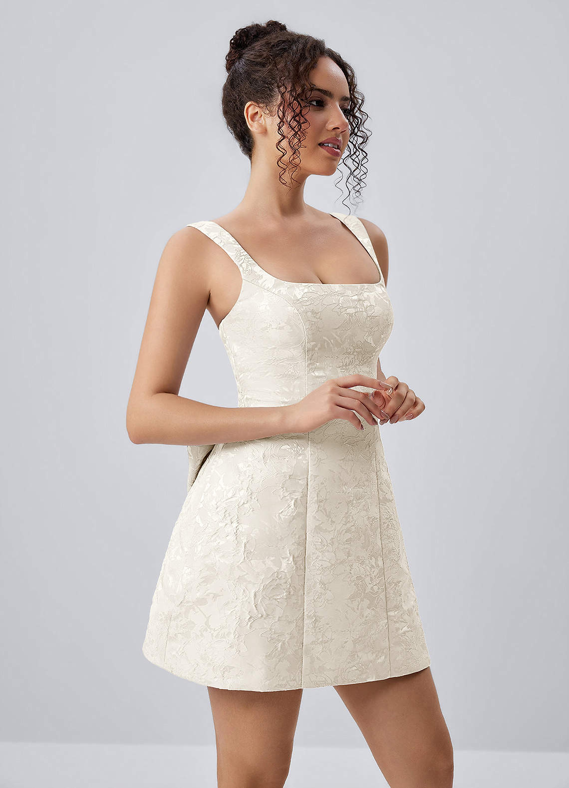 Thalassiana A-Line Square-Neck Floral Jacquard Prom Dress in Cream