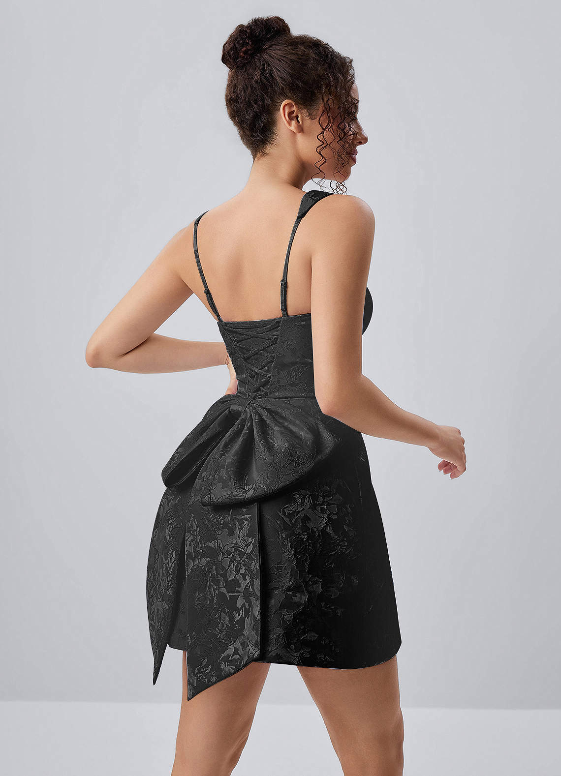 Thalassiana A-Line Square-Neck Floral Jacquard Prom Dress in Black
