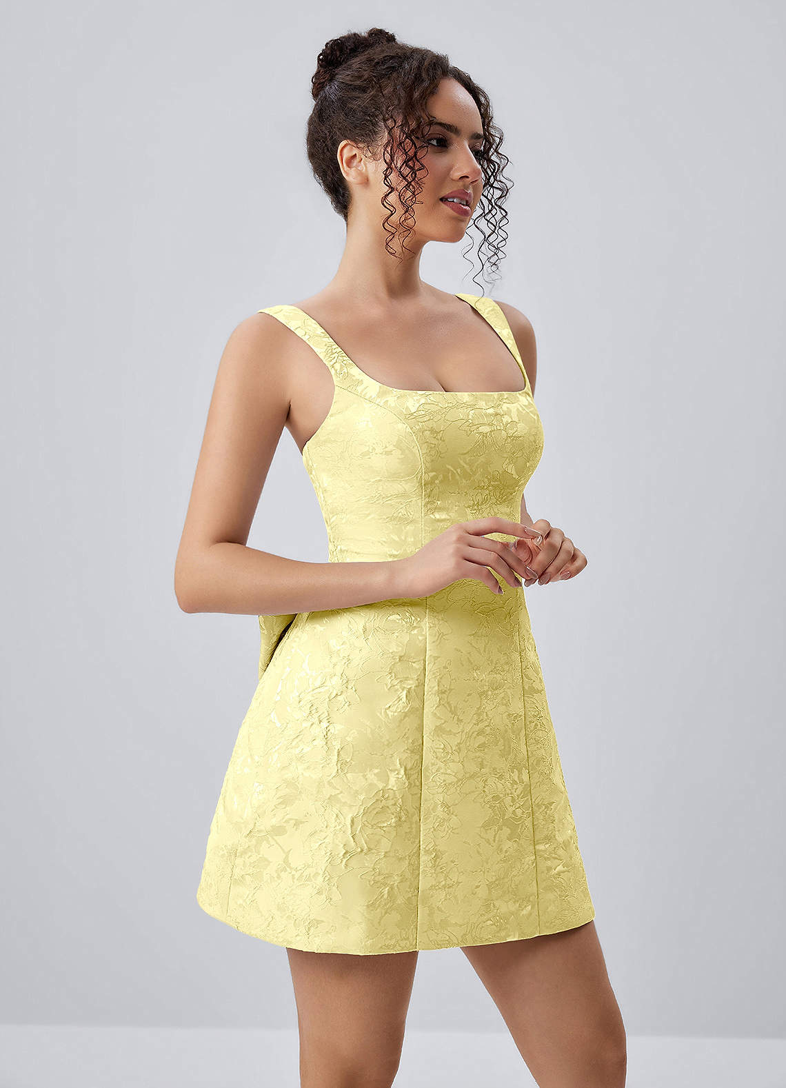Thalassiana A-Line Square-Neck Floral Jacquard Prom Dress in Yellow