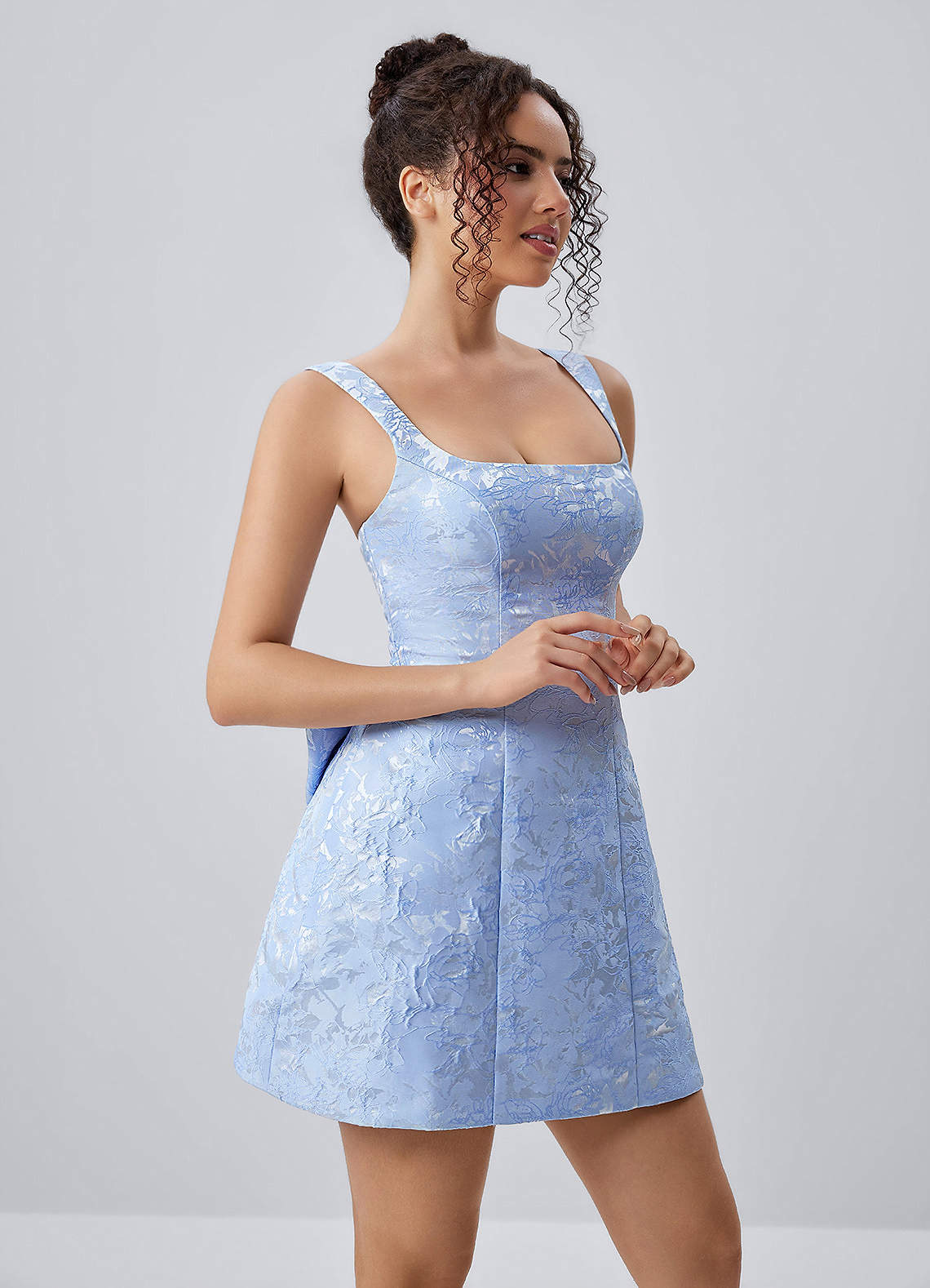 Thalassiana A-Line Square-Neck Floral Jacquard Prom Dress in Sky Blue