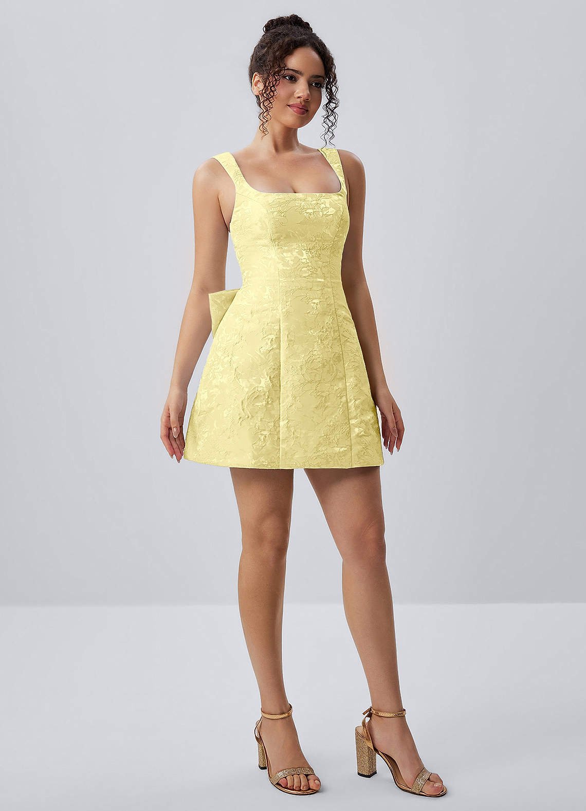 Thalassiana A-Line Square-Neck Floral Jacquard Prom Dress in Yellow