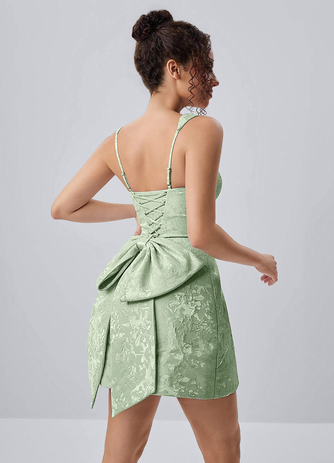 Thalassiana A-Line Square-Neck Floral Jacquard Prom Dress in Sage