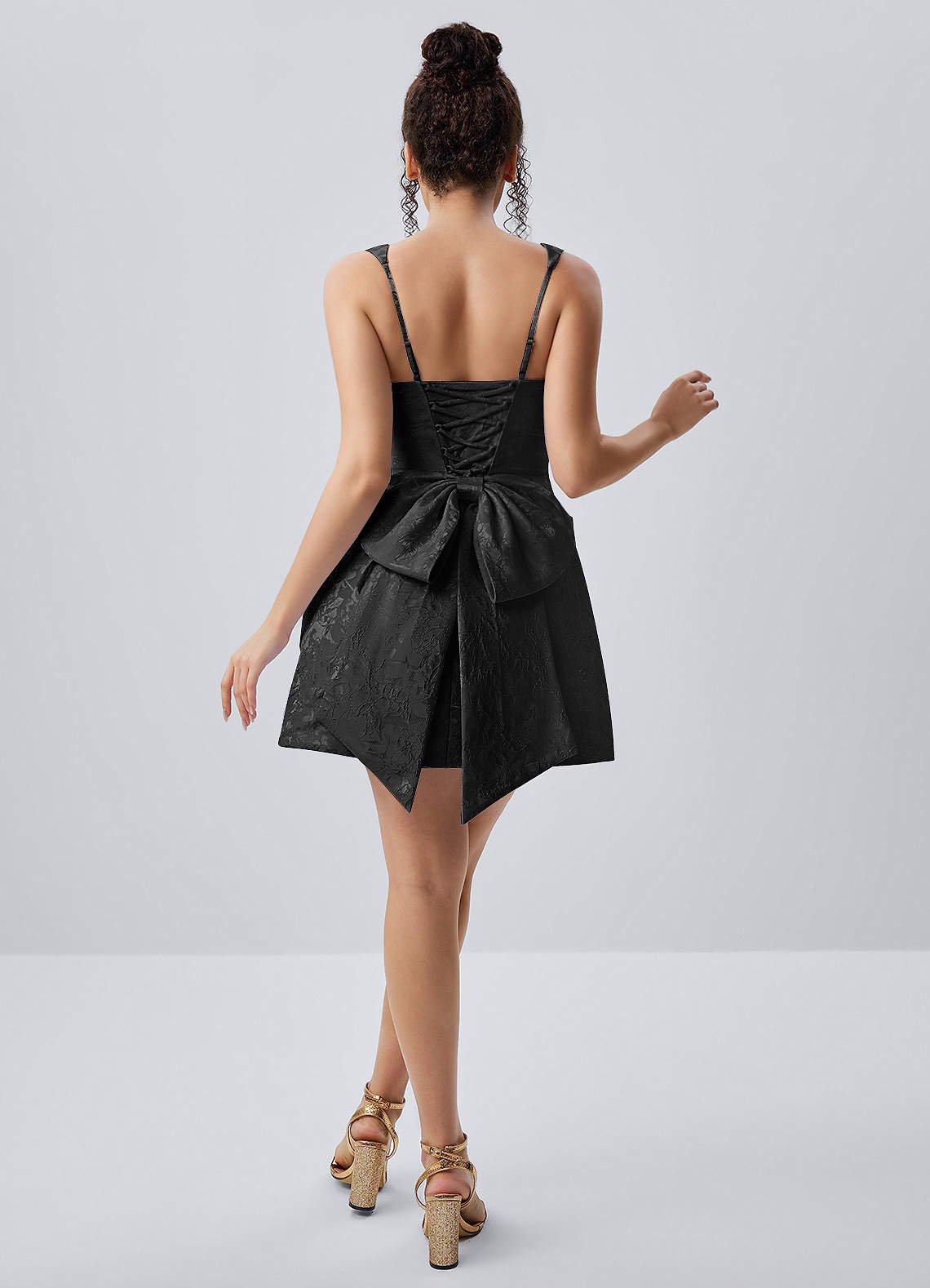 Thalassiana A-Line Square-Neck Floral Jacquard Prom Dress in Black