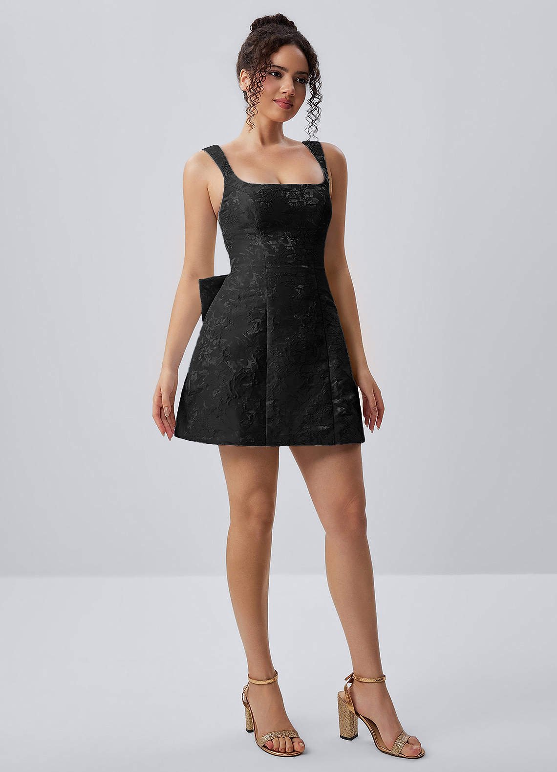 Thalassiana A-Line Square-Neck Floral Jacquard Prom Dress in Black