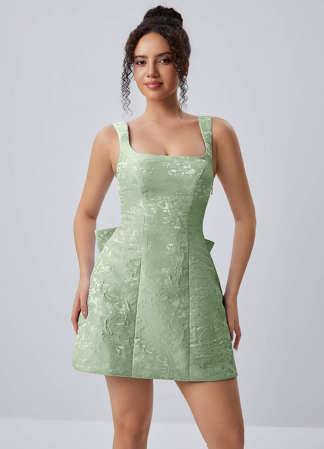 Thalassiana A-Line Square-Neck Floral Jacquard Prom Dress in Sage