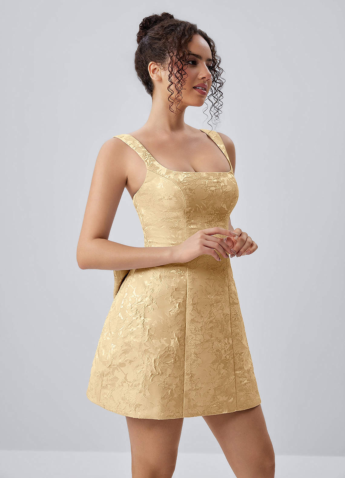 Thalassiana A-Line Square-Neck Floral Jacquard Prom Dress in Orange