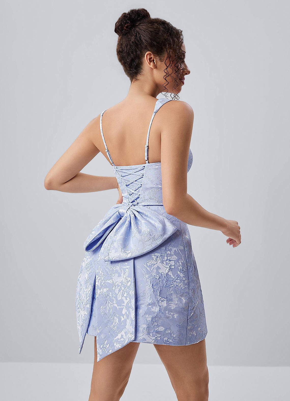 Thalassiana A-Line Square-Neck Floral Jacquard Prom Dress in Periwinkle