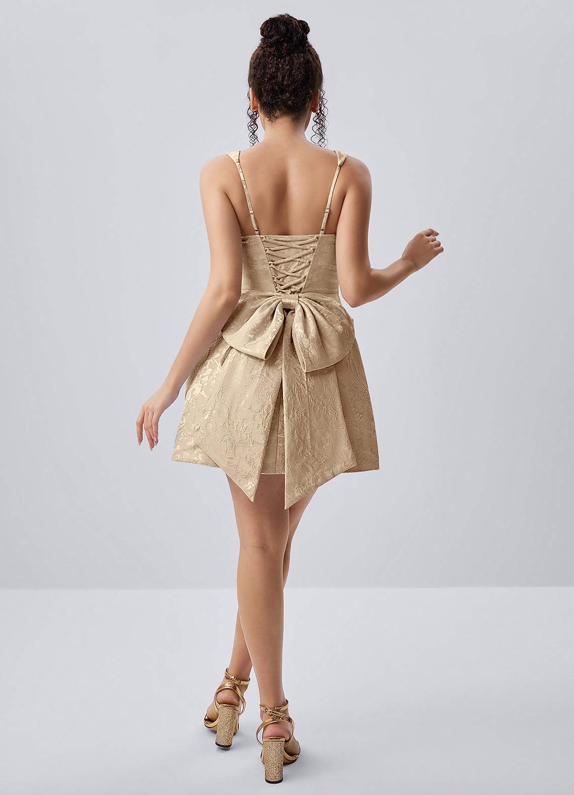 Thalassiana A-Line Square-Neck Floral Jacquard Prom Dress in Champagne