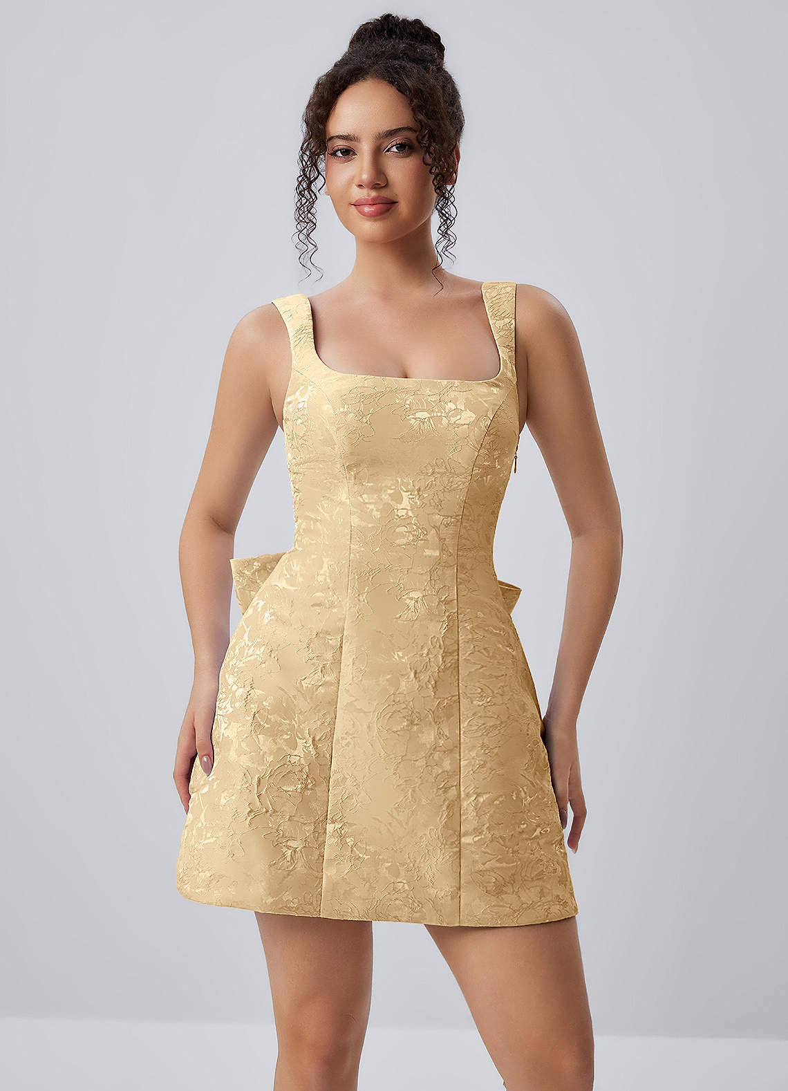Thalassiana A-Line Square-Neck Floral Jacquard Prom Dress in Sage