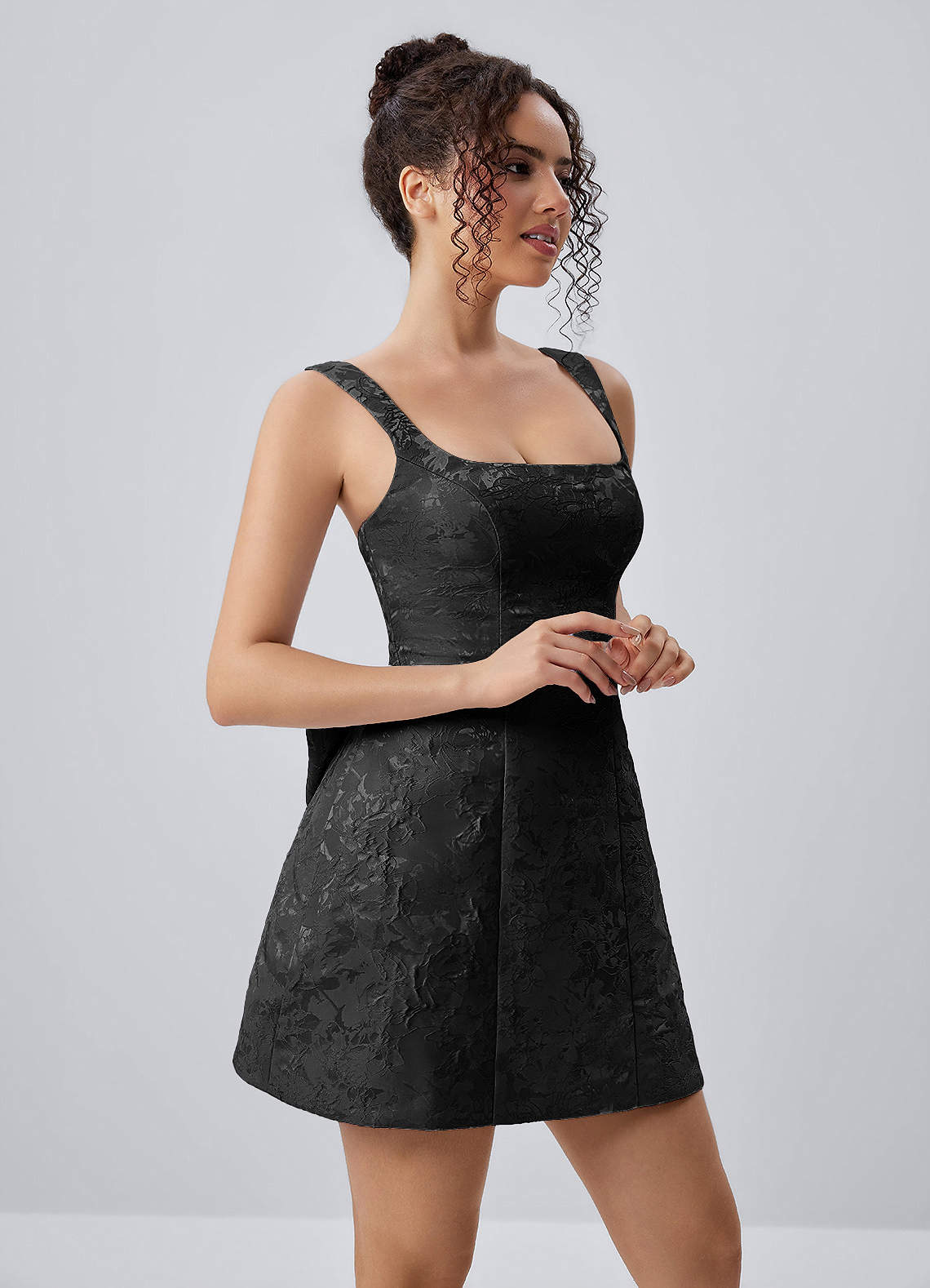 Thalassiana A-Line Square-Neck Floral Jacquard Prom Dress in Black