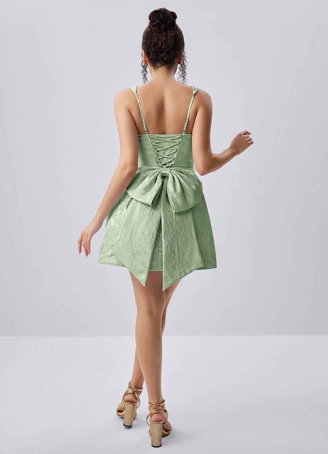 Thalassiana A-Line Square-Neck Floral Jacquard Prom Dress in Sage