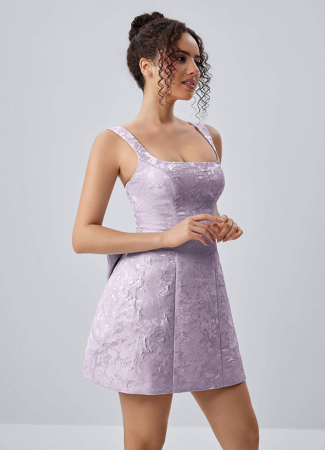 Thalassiana A-Line Square-Neck Floral Jacquard Prom Dress in Light Purple