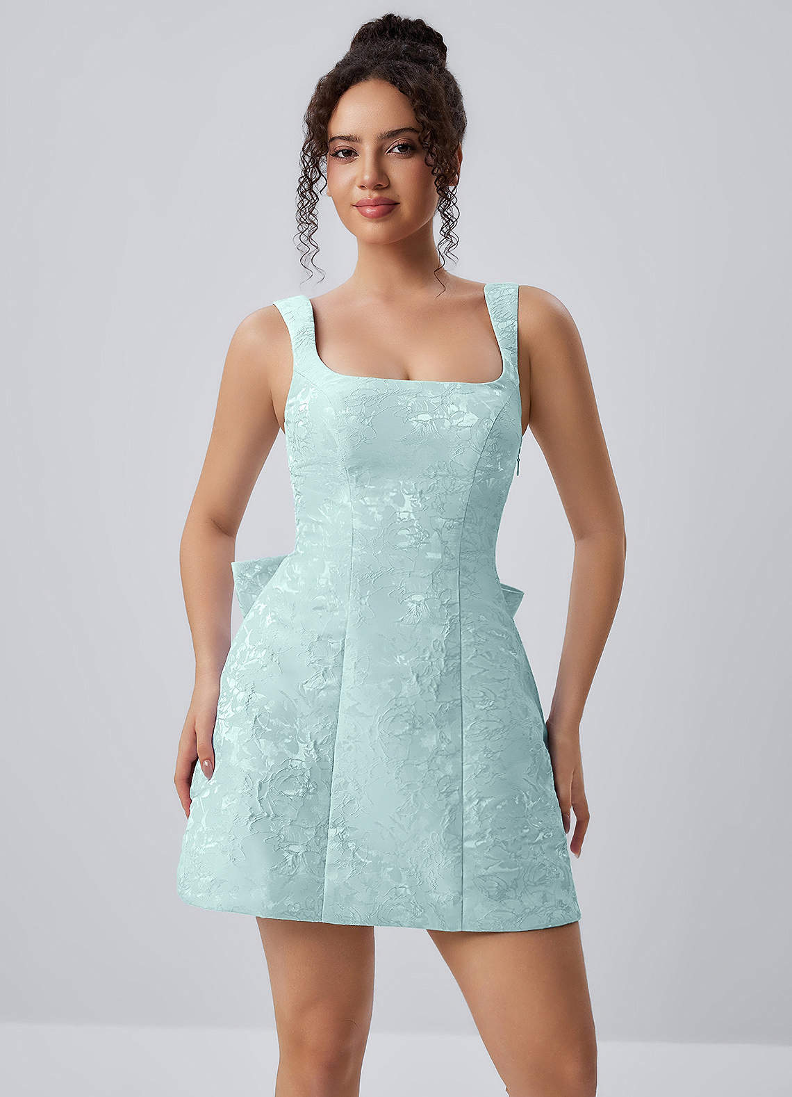 Thalassiana A-Line Square-Neck Floral Jacquard Prom Dress in Sage