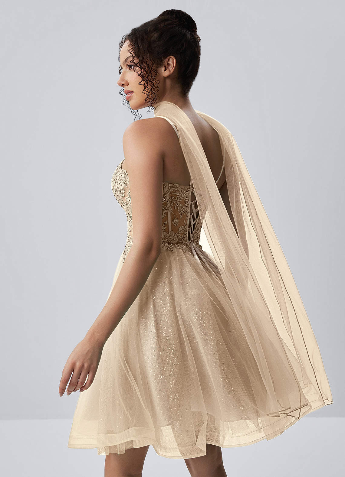 Thalassienne A-Line Mini Corset Glitter Tulle Prom Dress in champagne
