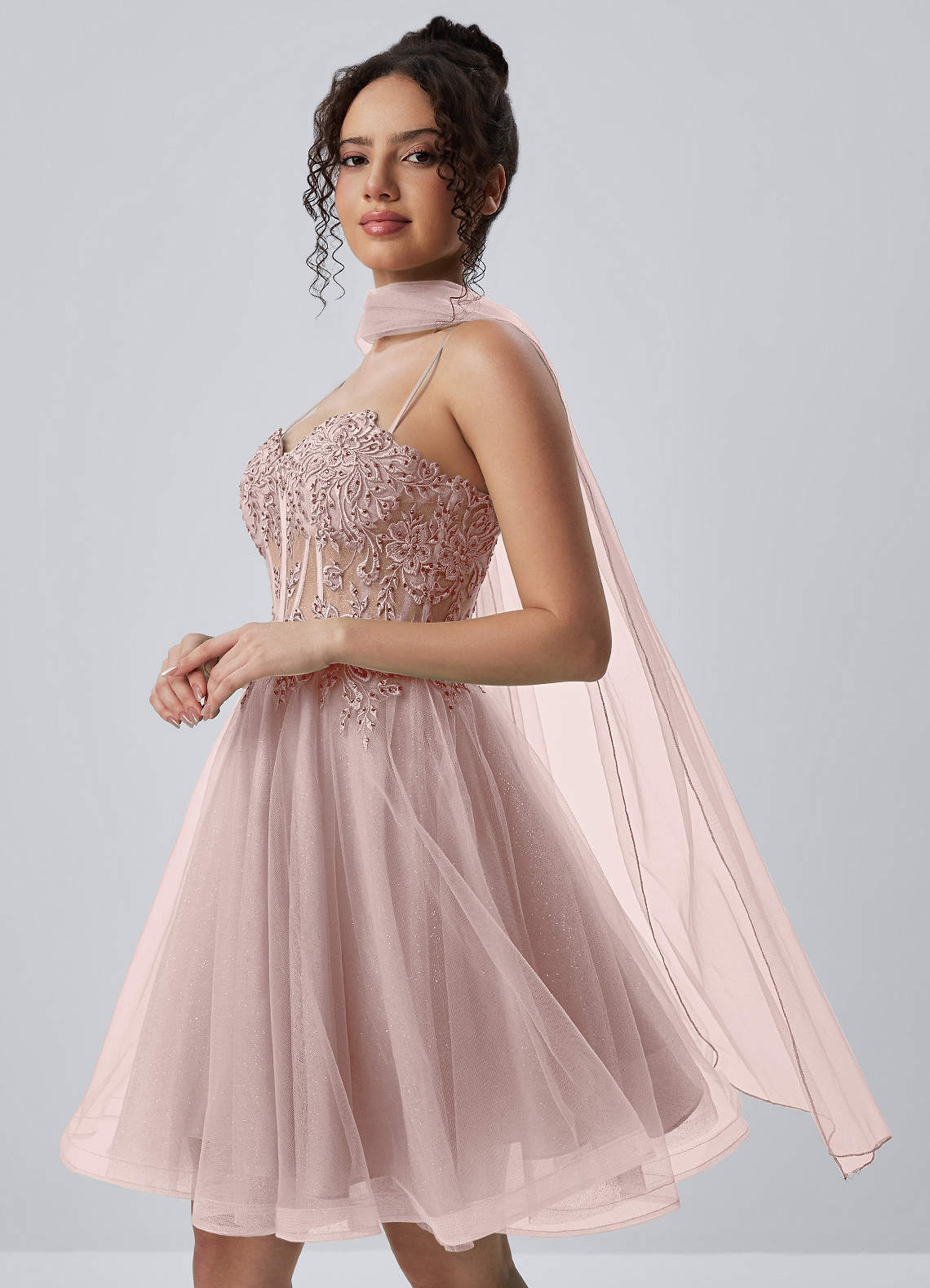 Thalassienne A-Line Mini Corset Glitter Tulle Prom Dress in Dusty Pink