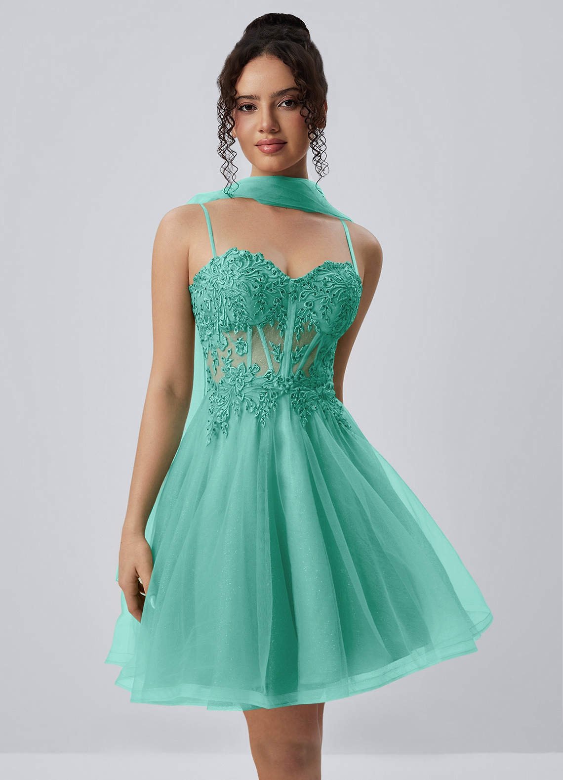 Thalassienne A-Line Mini Corset Glitter Tulle Prom Dress in Light Green