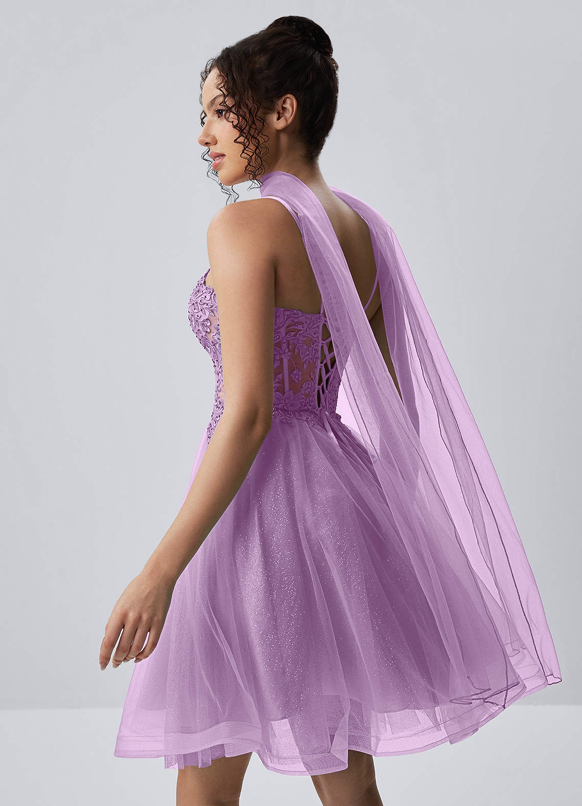 Thalassienne A-Line Mini Corset Glitter Tulle Prom Dress in Purple
