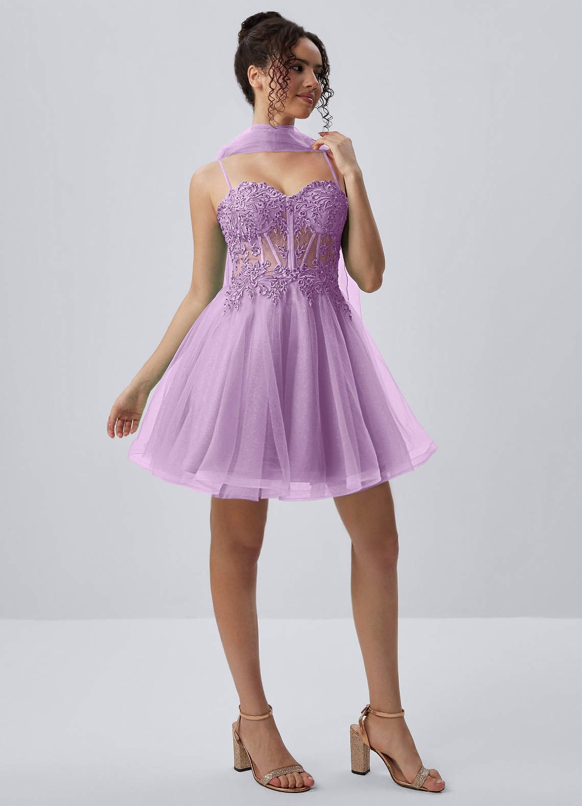 Thalassienne A-Line Mini Corset Glitter Tulle Prom Dress in Purple