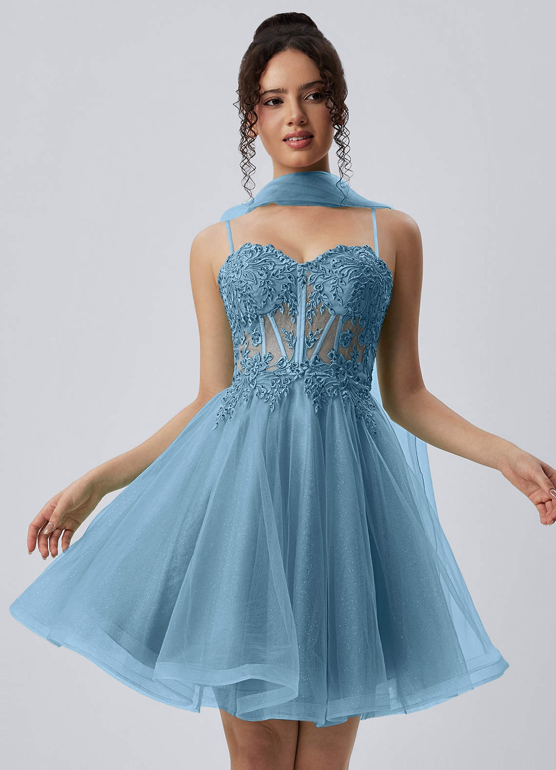 Thalassienne A-Line Mini Corset Glitter Tulle Prom Dress in champagne