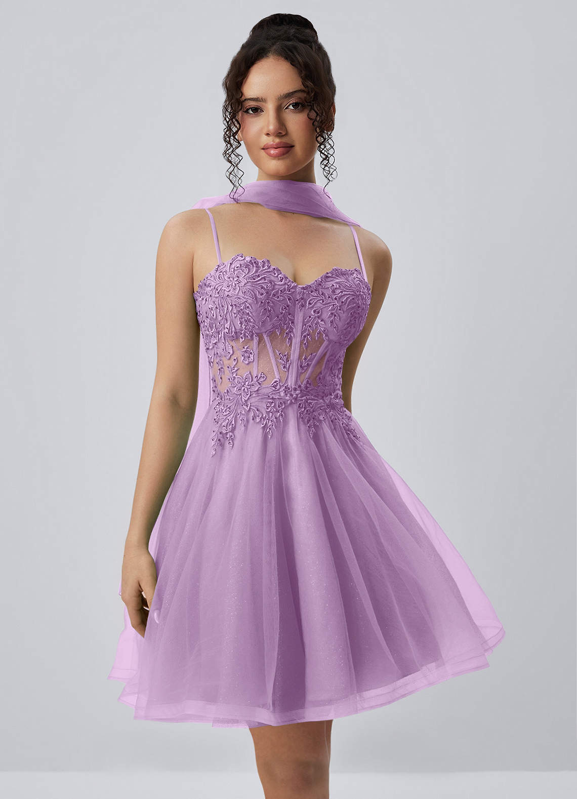 Thalassienne A-Line Mini Corset Glitter Tulle Prom Dress in Purple