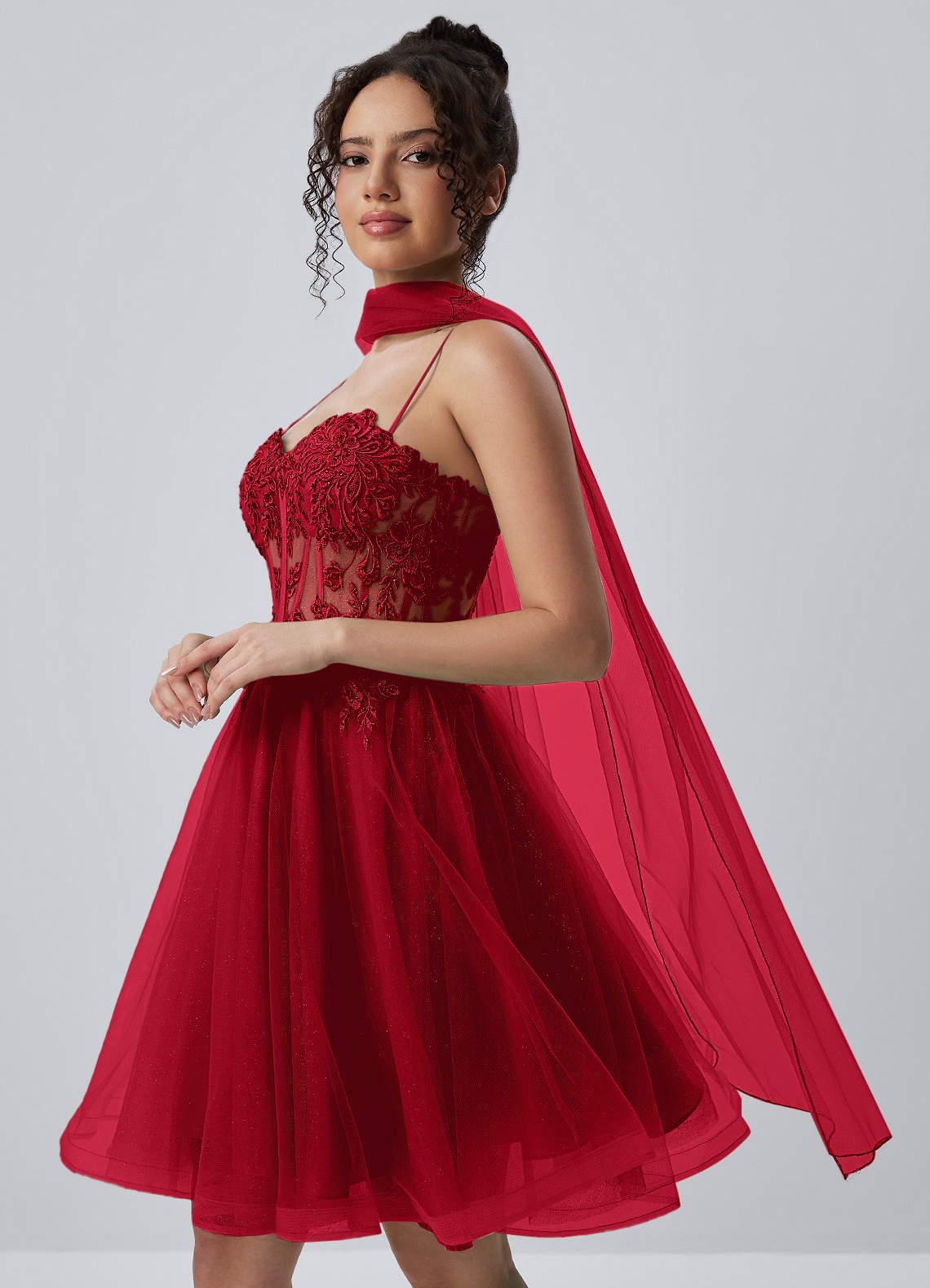 Thalassienne A-Line Mini Corset Glitter Tulle Prom Dress in Red