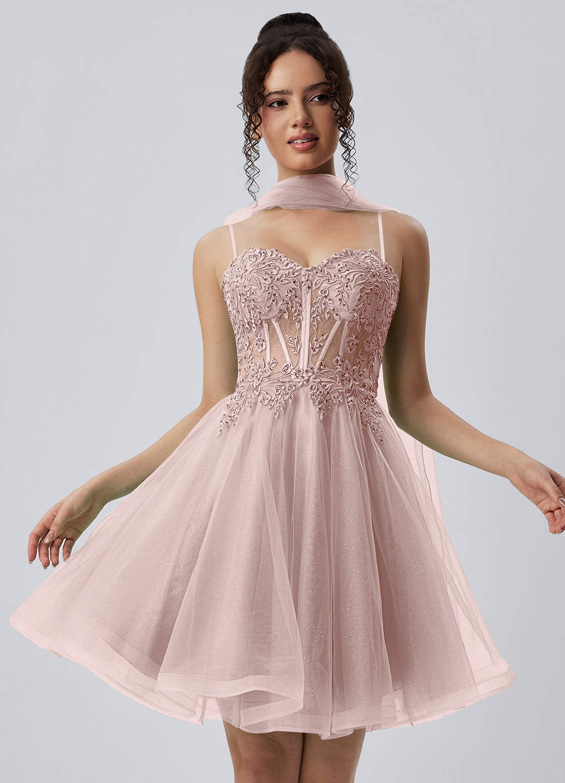 Thalassienne A-Line Mini Corset Glitter Tulle Prom Dress in champagne