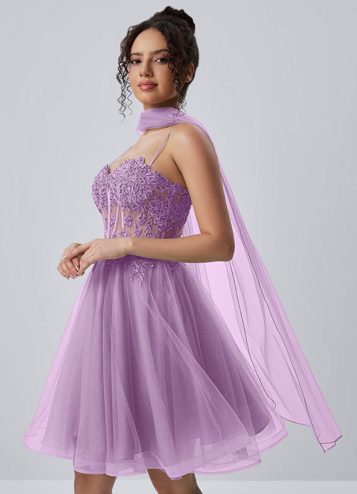 Thalassienne A-Line Mini Corset Glitter Tulle Prom Dress in Purple