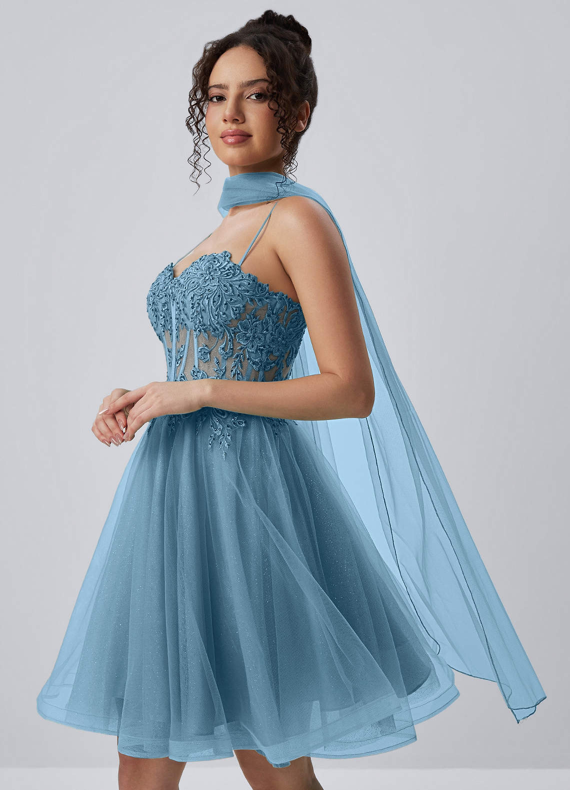 Thalassienne A-Line Mini Corset Glitter Tulle Prom Dress in Sky Blue