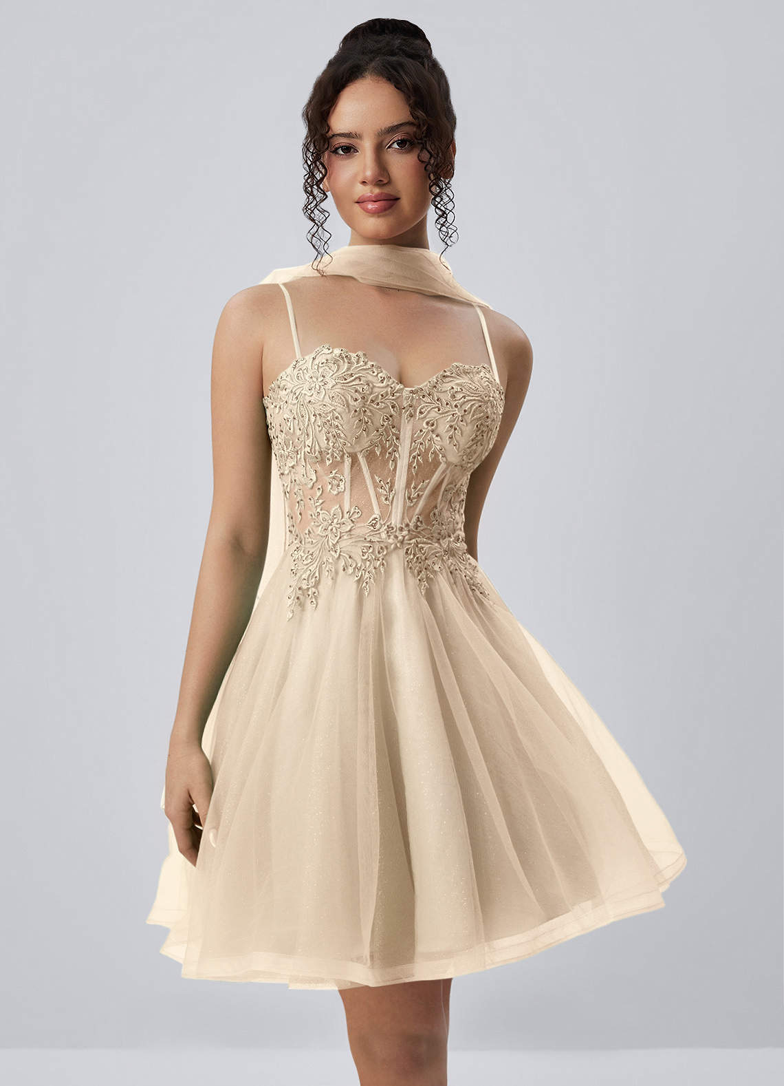 Thalassienne A-Line Mini Corset Glitter Tulle Prom Dress in champagne