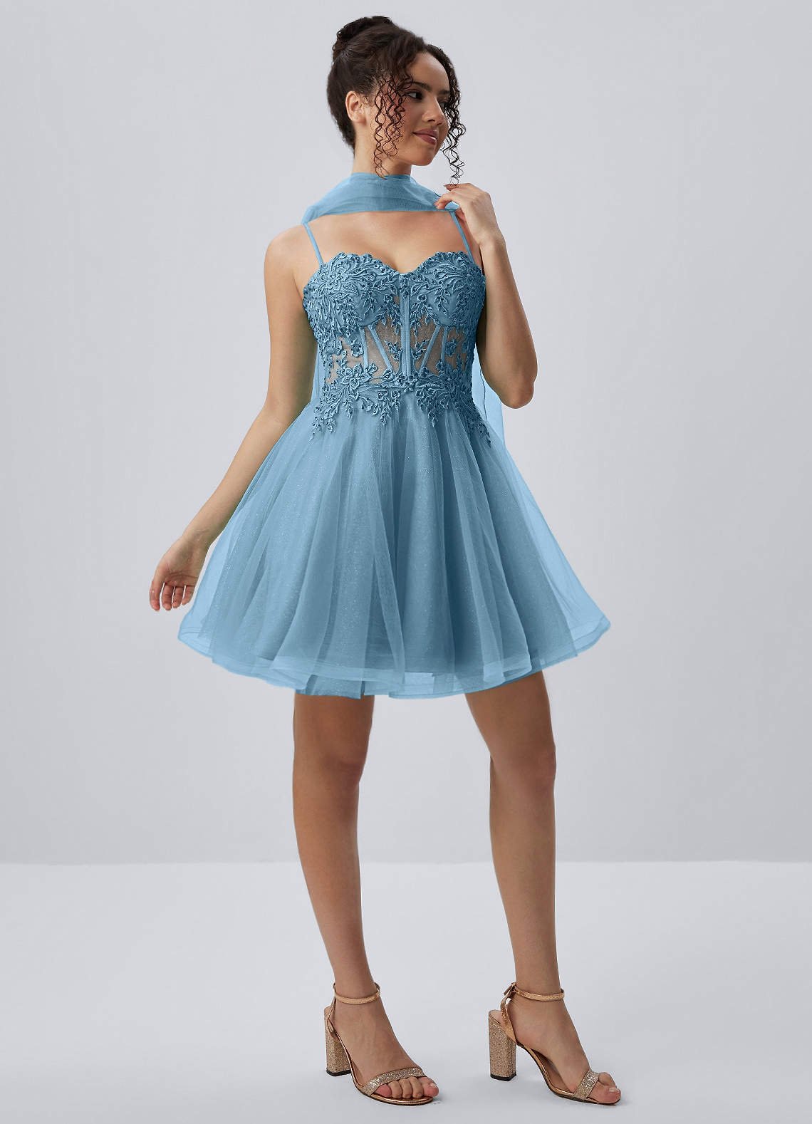Thalassienne A-Line Mini Corset Glitter Tulle Prom Dress in Sky Blue
