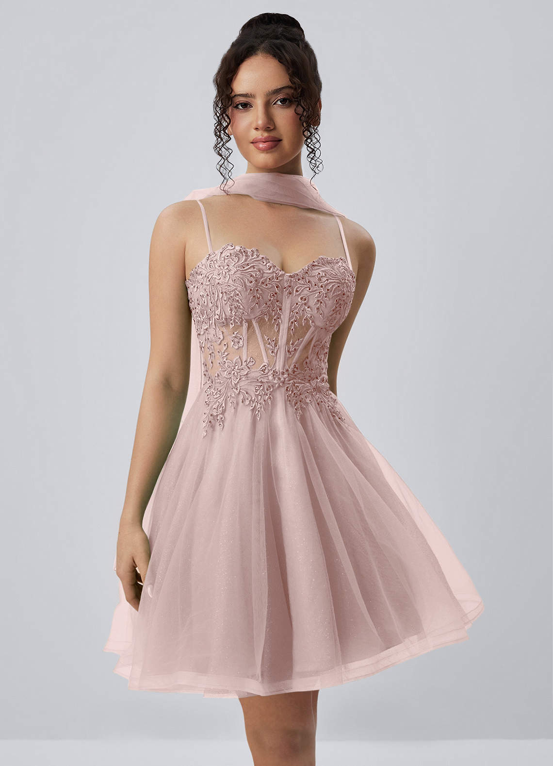 Thalassienne A-Line Mini Corset Glitter Tulle Prom Dress in Dusty Pink