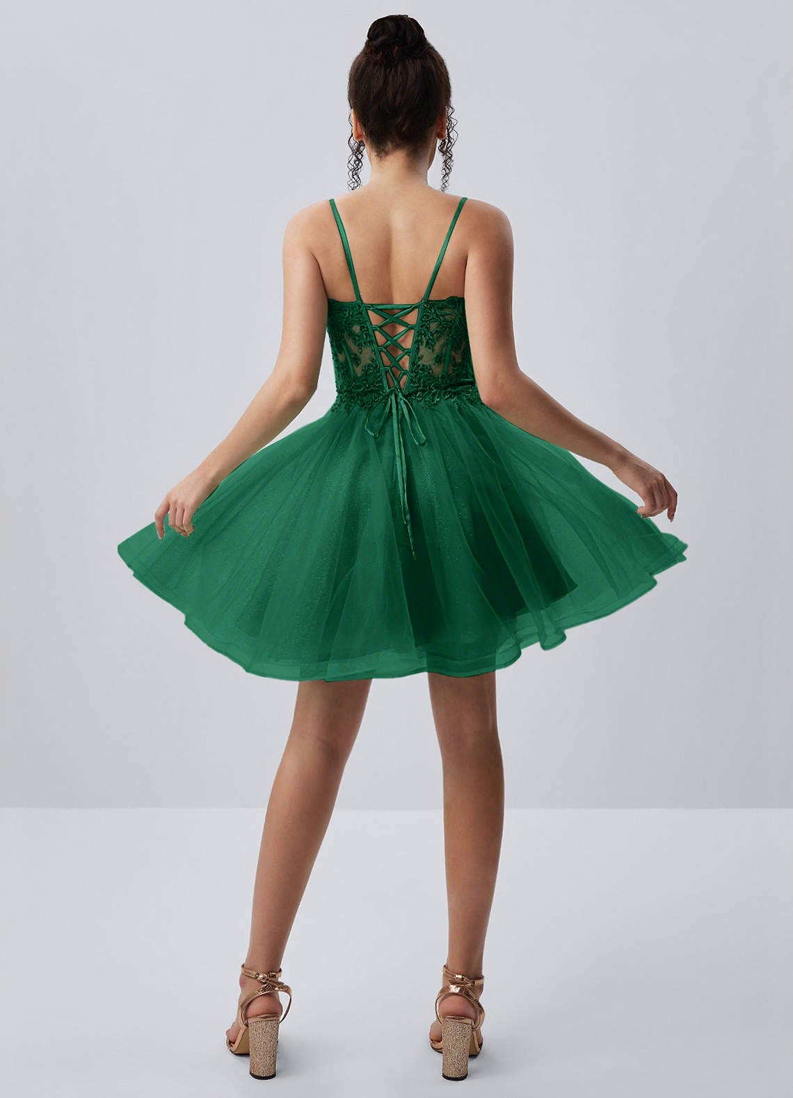 Thalassienne A-Line Mini Corset Glitter Tulle Prom Dress in Dark Green