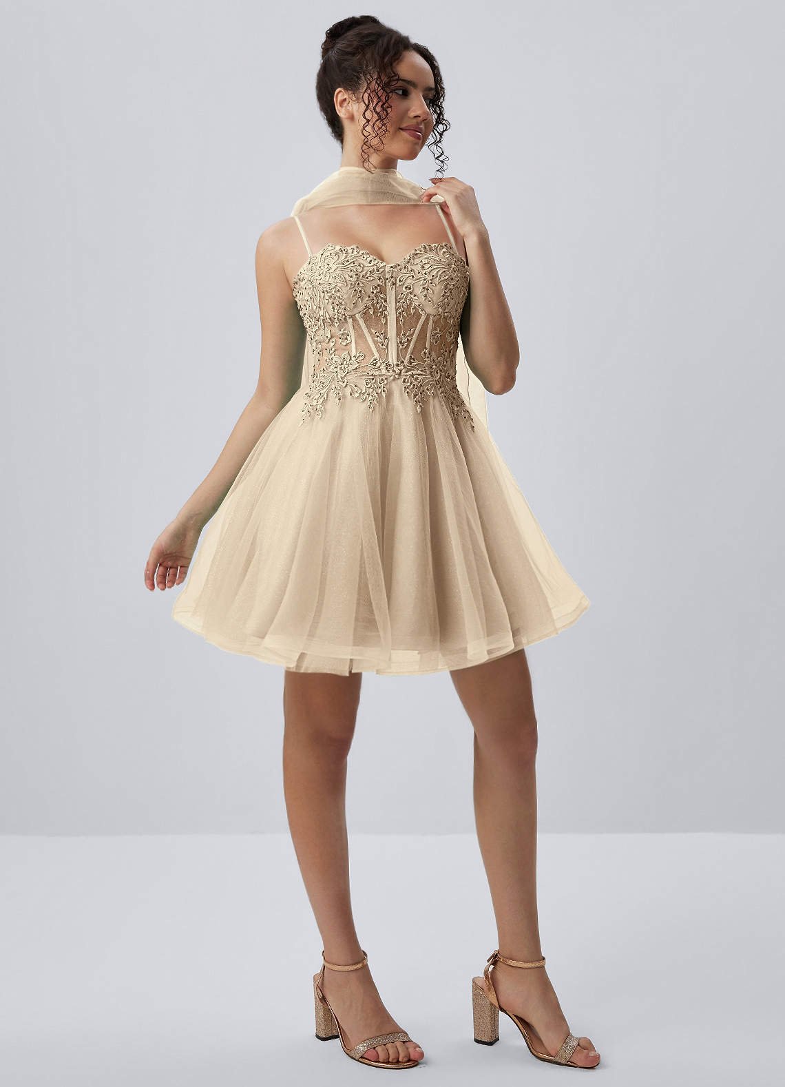 Thalassienne A-Line Mini Corset Glitter Tulle Prom Dress in champagne
