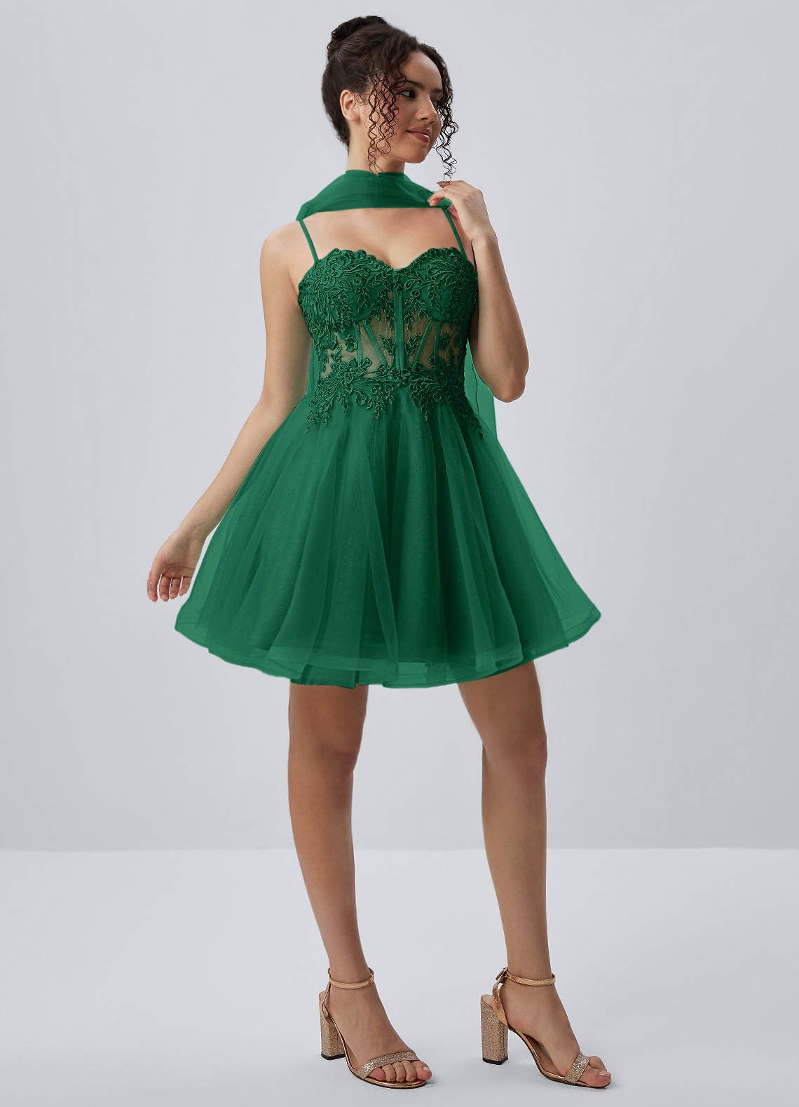 Thalassienne A-Line Mini Corset Glitter Tulle Prom Dress in Dark Green
