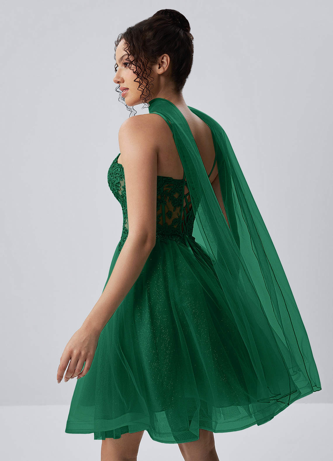 Thalassienne A-Line Mini Corset Glitter Tulle Prom Dress in Dark Green